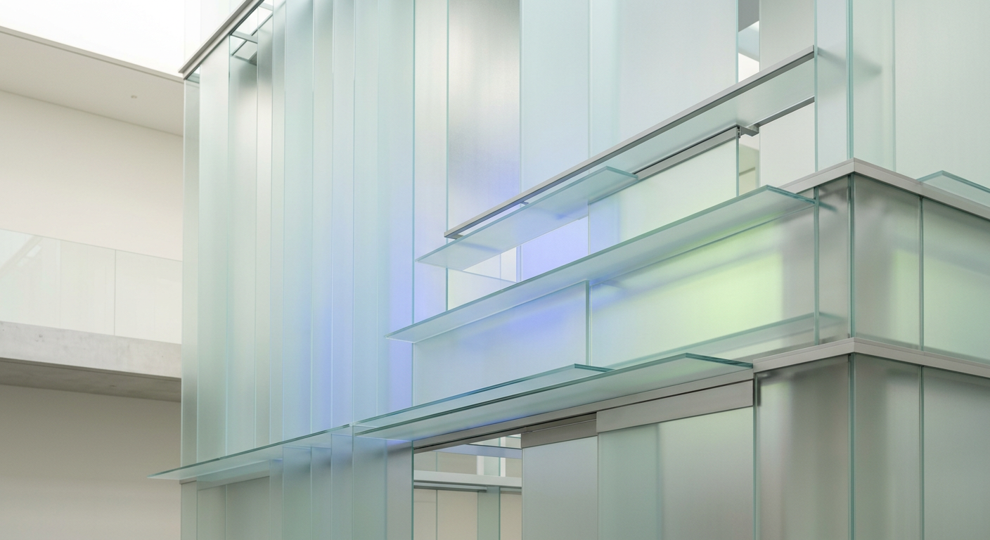 Layered translucent glass panels refracting cobalt and lime light